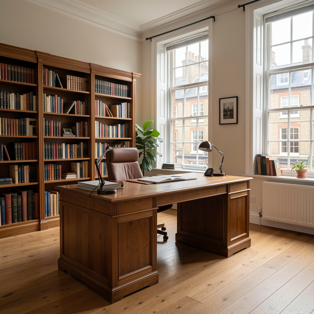The Taldorin Press editorial office space in London, a quiet room with a large wooden desk, bookshelves, and natural light from tall windows