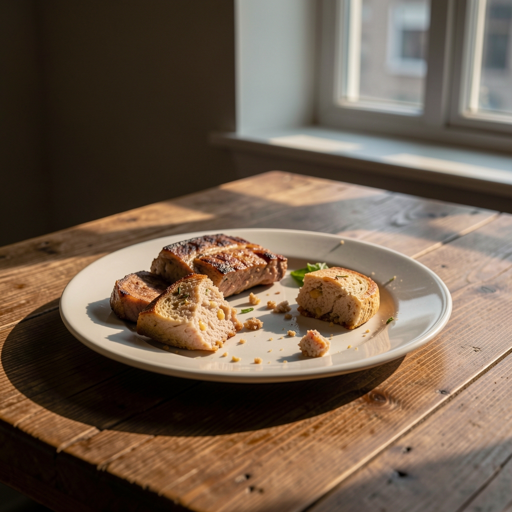 Close-up of a person's hands resting beside an untouched plate of food on a wooden table, soft daylight from a window, quiet and thoughtful mood, editorial photography