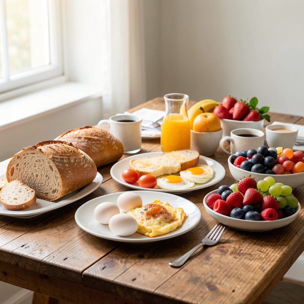A spread of weekend brunch items on a wooden table including bread, eggs and fruit, bright natural window light from the side
