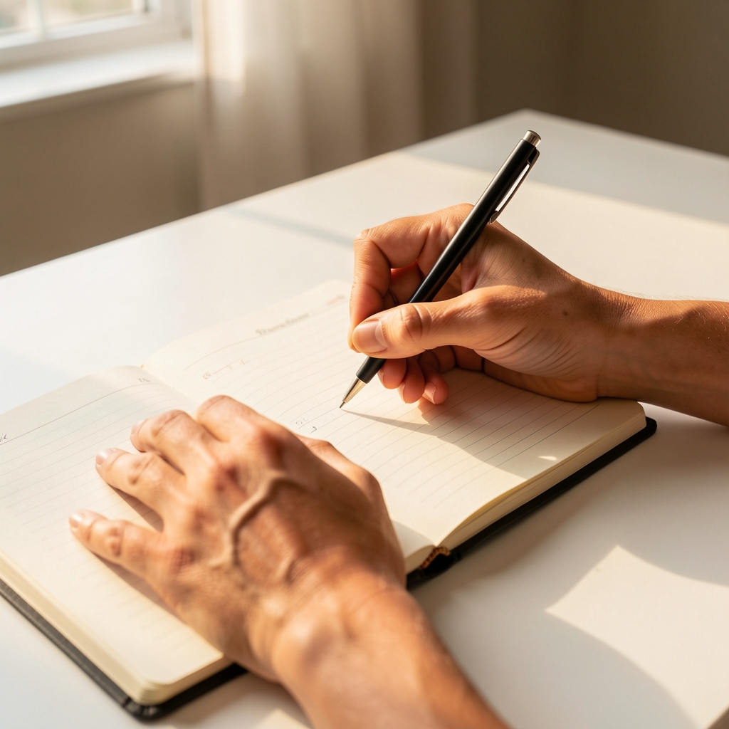 Close-up of hands writing in a food journal on a clean white desk, warm afternoon light
